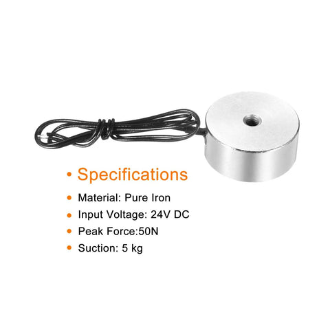Robust Round Solenoid Electromagnet DC 24V Punching Out Fifty Newton Pull For Automation Machinery Pure Iron Electric Lifting Magnet shown with specifications.
