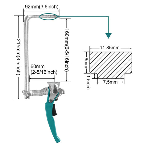 Quick Release Ratchet Track Saw Clamp For Guide Rail Systems And MFT Tables Dead On Precision Workholder dimensions with chrome vanadium frame.
