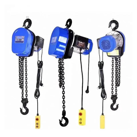 Portable Electric Chain Hoist For No Sweat Heavy Lifting And Construction Projects featuring sturdy blue housing and black chains.