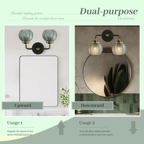 Two Light Black Bathroom Vanity Light With Retro Wall Sconce And Ribbed Green Glass Shades Mid Century Modern Farmhouse Style Over Mirror showing dual-purpose design with upward and downward orientation in bathroom setting.