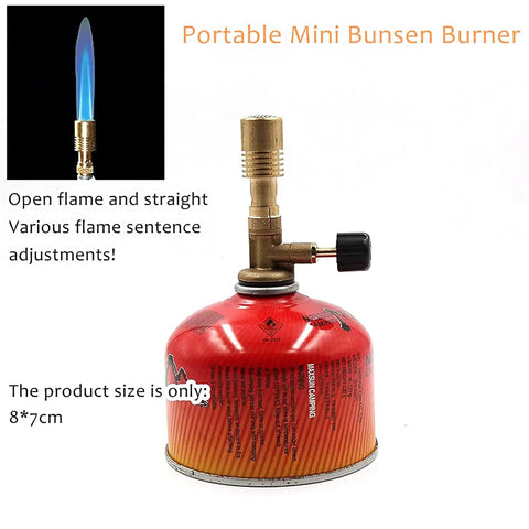 Portable Countertop Bunsen Burner With Adjustable Air Intake on red tank, brass body, shown with flame, size 8x7cm.