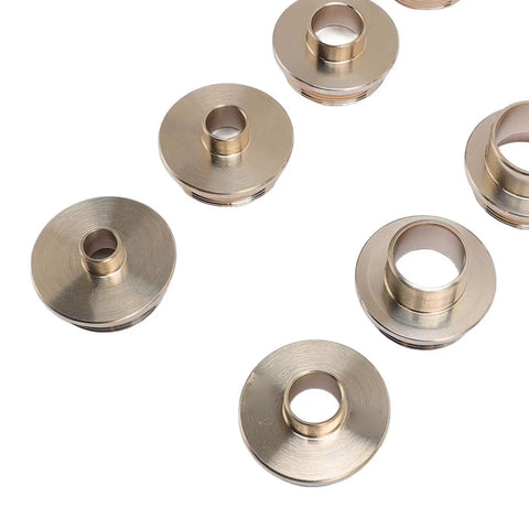 Close-up of Heavy Duty Brass Router Template Guide Set Featuring 11 Precision Bushings with smooth brass finish.