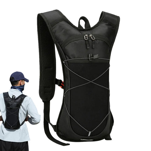 Hydration Pack Backpack With Water Bottle Holder, Reflective Strips, Lightweight Nylon Reservoir, Rugged Weatherproof Outdoor Gear Built For Hiking displayed.