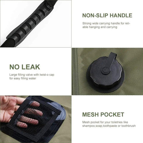 Solar Shower Bag 5 Gal 20L For Camping And Beach Trips, Heats Water To 113 Fahrenheit, features handle, cap, and mesh pocket.