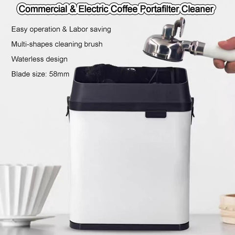 Electric Portafilter Cleaner And Knock Box With Built In Brush For Baristas Butter Smooth Grounds Disposal No Sweat Setup Game Changing Daily Espresso Cleanup Reliable Cafe Style Performance. White container with black lid for coffee grounds disposal.