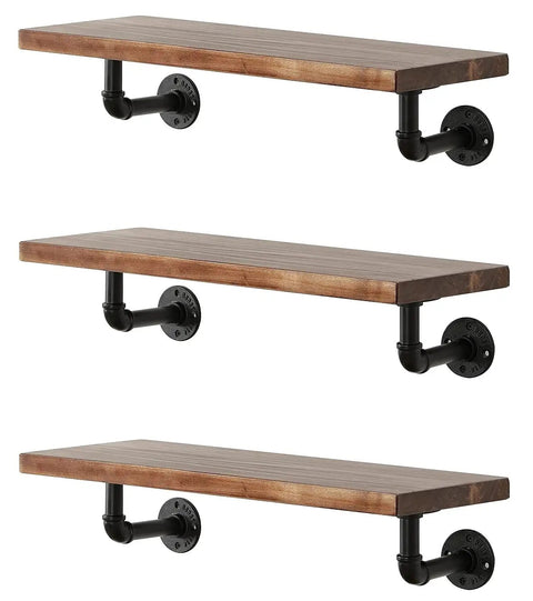 Beefy Wall Hanging Shelf Brackets Set Of 6 Heavy Duty Rustic Black Metal Pipe Brackets For DIY Open Shelving Floating Shelves Supports Farmhouse Home Decor, shown with wood shelves