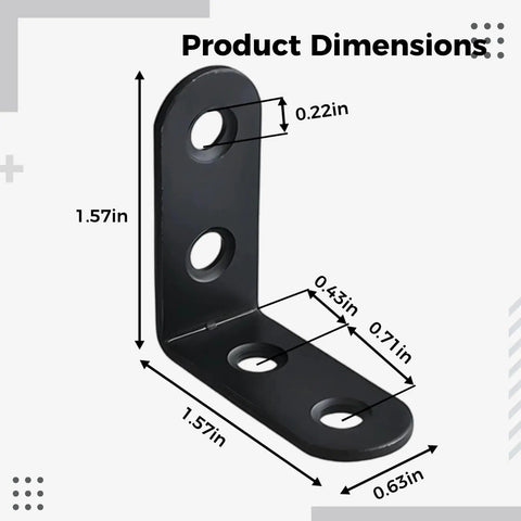 20 Pieces L Corner Brackets Black Heavy Duty 1.6 By 1.6 Inch 4 By 4 cm Right Angle Shelf Supports for Wood Furniture and Home Repairs Thickened Steel Braces showing measurements