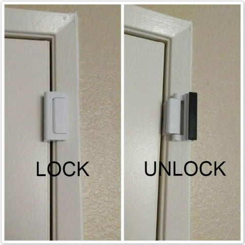 Heavy Duty Door Reinforcement Locks 2 Pack Rock Solid Night Security Backup Withstands 800 Pounds Kick Resistant White Home Defense Setup Easy Screw Install shown in lock and unlock positions.