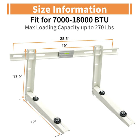 Universal Outdoor Mini Split Wall Mount Bracket dimensions with adjustable arms for 7000-18000 BTU and up to 270 lbs capacity.