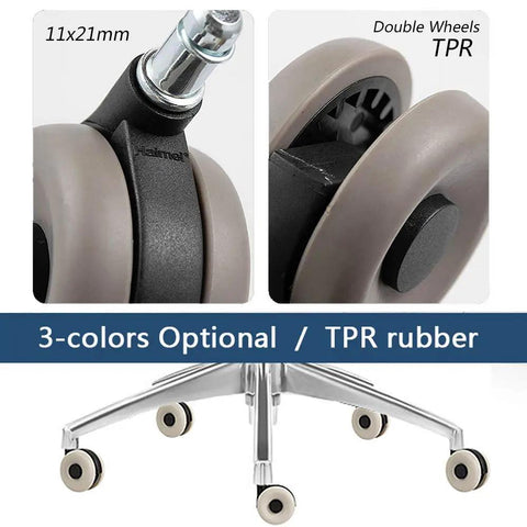 Rock Solid Office Chair Replacement Casters With Silent Rubber Tires Set Of Five, TPR double wheels, 11x21mm, smooth glide.