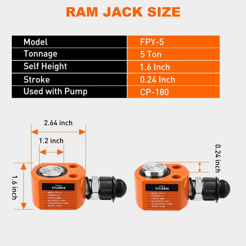 Front and side views of two orange 5-ton hydraulic cylinder jacks (porta power), 0.24 inch stroke.