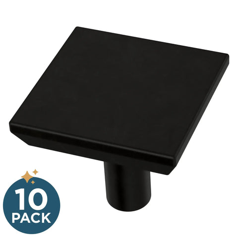 Matte Black One And One Eighth Inch Square Cabinet Knobs 10 Pack For Dresser Drawers Kitchen Cabinets Vanity Furniture Closet Easy Install Modern Minimalist Hardware That Updates Any Space, close-up view of square knob.