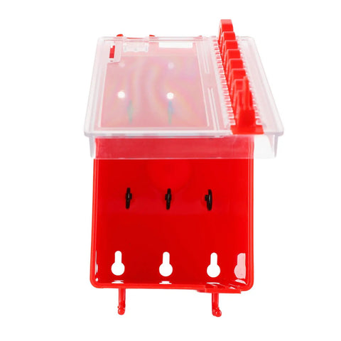 Tough As Nails Wall Mount Group Lockout Box Featuring Eight Digit Combination And Transparent Viewing Window To Secure Eight Hanging Padlocks Heavy Duty Abs Construction seen from above with open lid and hooks.