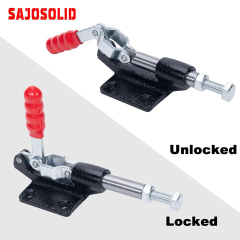 Premium 4 Pack Heavy Duty Push Pull Toggle Clamps with red handle, showing locked and unlocked positions, for precision machining.