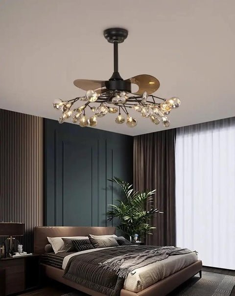 Top Tier Modern Ceiling Fan Light Featuring Durable Glass Shades Equipped With 56 High Output G4 Bulbs in stylish bedroom setting.