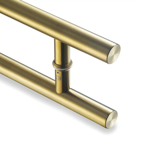 36 Inch Solid Stainless Door Pull Handle In Satin Gold Finish For Glass And Barn Doors, close up of 304 stainless steel standoffs