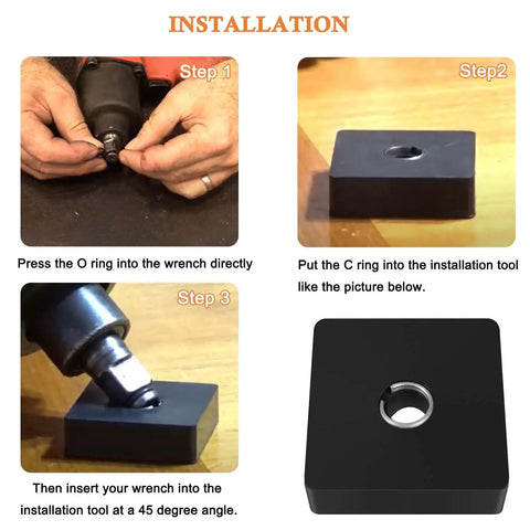 Installation steps for Three Eighths Inch Impact Socket Retaining Clip Kit With O Ring And Installation Tool For Brushless Impact Wrench.