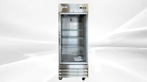 Top Shelf Commercial Freezer Upright Reach In With Tempered Glass Door And Built Tough Stainless Steel Exterior Nsf Certified 23 Cubic Foot Capacity with shelves.