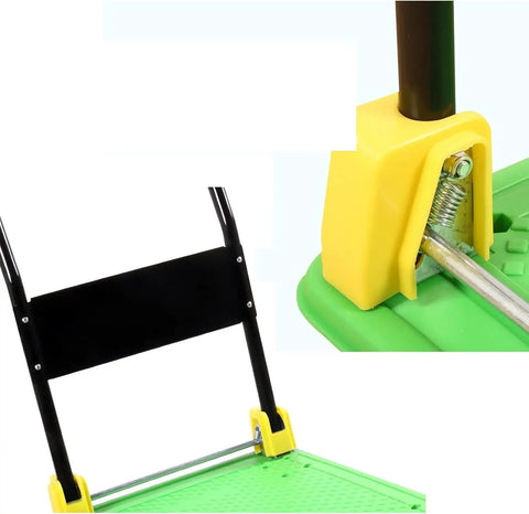 Close-up of Heavy Duty Folding Flatbed Hand Truck With Four Swivel Casters And Reinforced Steel Bracing showing wheel and handle detail.