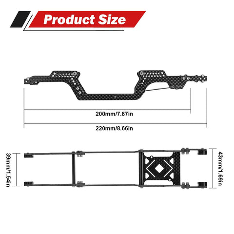 Beefed-Up Universal LCG Carbon Fiber Chassis Frame Kit for 1/18 TRX4M, detailed size diagram with thickened rails.
