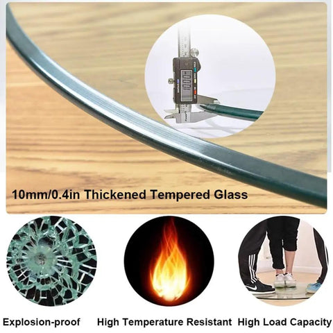10mm thickened tempered glass edge showing durability for Heavy Duty 43 Inch Lazy Susan Turntable Crafted From Ultra Thick Tempered Glass With Rock Solid Aluminum Base Silent Smooth Glide Rotation Built For Round Dining Tables Kitchen Serving Tray.