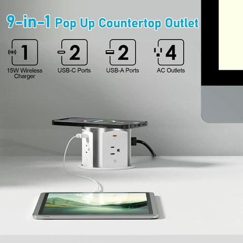 Slick Flush Mount Pop Up Socket Drops Straight Into Countertops Featuring Qi2 Magnetic Wireless Charger With 65W Fast Charging Double Usb Ports Zero Hassle Setup In Fresh White showing multiple ports and wireless charging.