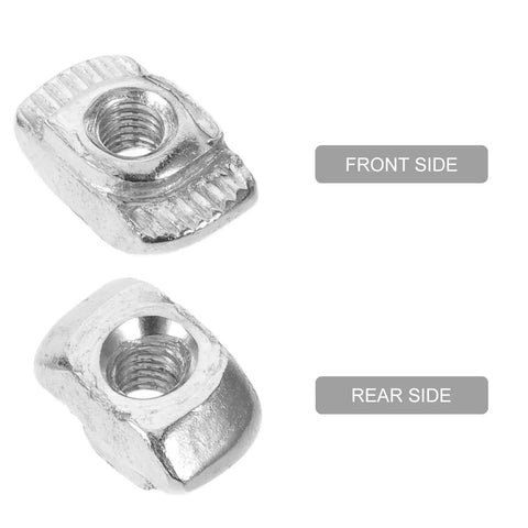 M3 T Slot Nut from the Solid M3 Sliding T Slt Nut Kit, showing front and rear sides, made of carbon steel for secure aluminum connections.