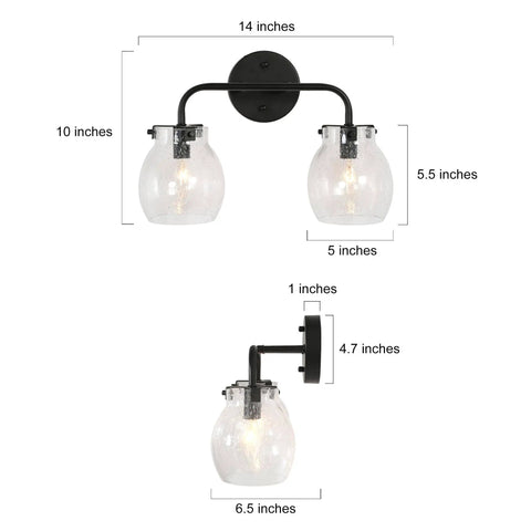 Front and side view of a dual-light fixture with clear glass shades and black metal arm, dimensions labeled in inches.