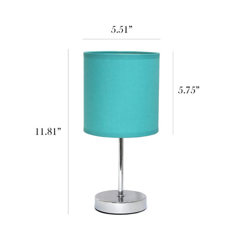 Blue Turquoise Chrome Mini Table Lamp With Fabric Shade, Compact 11.8 Inch Tall, E12 Candelabra Base, measured dimensions visible