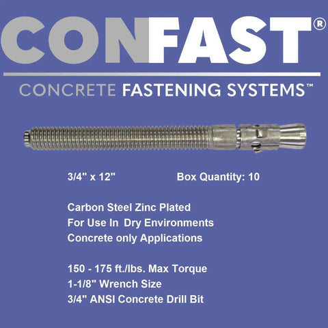 Three Quarters Inch By Twelve Inch Wedge Anchor Zinc Plated For Dry Concrete Installations shown with specs and branding