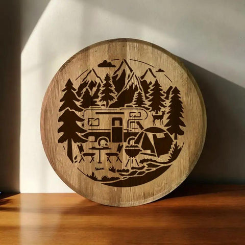Camping Stencil For Painting 11.8 Inch Square Reusable RV Mountain Tree Template on wooden board