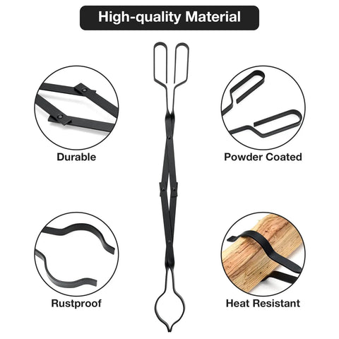 Built Tough Campfire Tongs With Smart Scissor Grip And Powder Coated Steel Frame, showing 26 inch durable design and heat-resistant features.