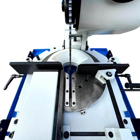 Knockout Shop Beast 4 HP 16 Inch Cold Cut Saw Shreds Steel And Aluminum Like Butter With Dual Speed Settings 220V 3 Phase Rig setup and adjustable vise.