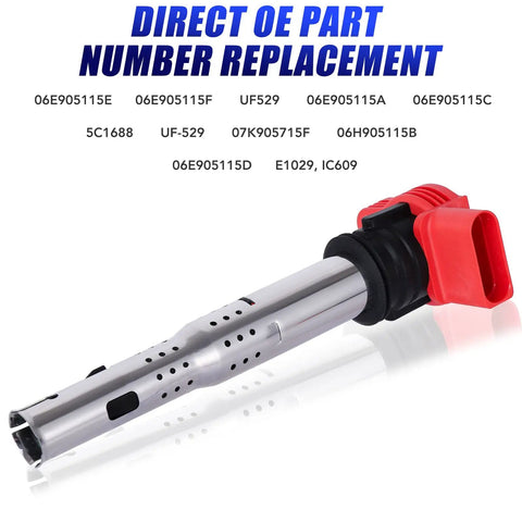 Four Pack 2.0T Ignition Coil Packs For Audi A4 A6 TT CC Passat GTI 2006 to 2016 Replaces 06E905115E 06H905115B shown with OE numbers.