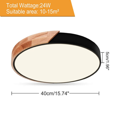 Dimmable 15 Inch Round LED Ceiling Light With Remote Control, Sleek Modern Minimalist Flush Mount In Black, Wood, 15.74in dia