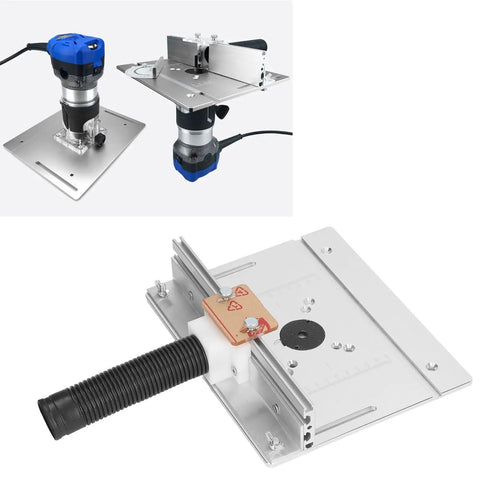 Badass Aluminum Router Lift System Kit With Smooth 180 Degree Rotation For Woodworking Enthusiasts And Inverted Routing Projects Featuring Durable Cnc Anodized Insert Plate For Hassle Free Milling And Carving Builds, showcasing its CNC anodized base and mounted router.