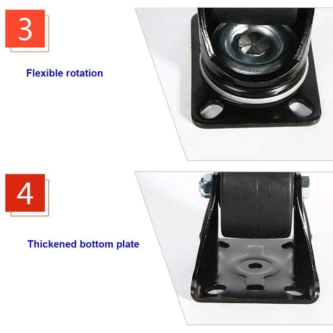 Built Tough Heavy Duty Furniture Casters That Roll Smooth As Silk With Thick Silent Rubber Pads For Stress Free Moving Of Weighty Couches Cabinets And Storage Units Universal Wheel 4 Pack showing flexible rotation and thickened bottom plate.