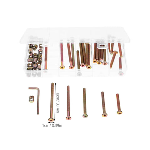 49 Piece M6 Hex Socket Drive Screws and Barrel Nuts Set, Multi Size Metal Fasteners in transparent box with measurements