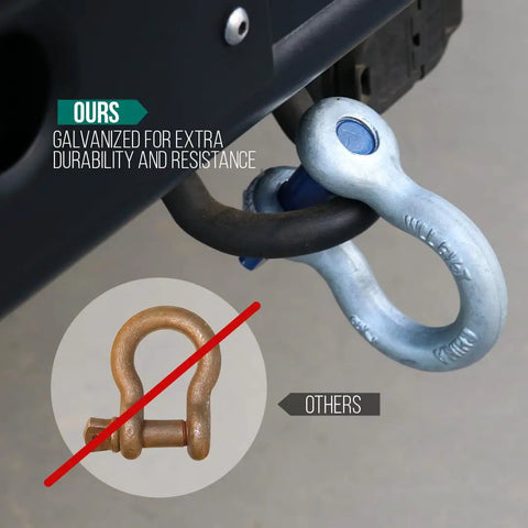 Heavy Duty Seven Eighths Inch Forged Anchor Shackle Built Tough For Towing And Rigging, Six And A Half Ton Working Load Capacity, labeled "ours".