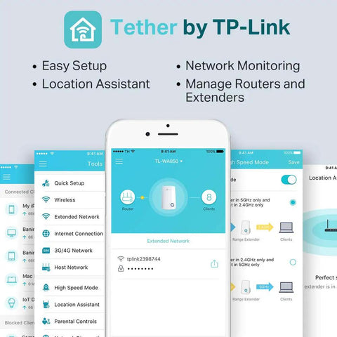 Image of Tether by TP-Link app showcasing network management features and easy setup for the Top Shelf N300 WiFi Range Extender That Straight Up Kills Stubborn Dead Spots.