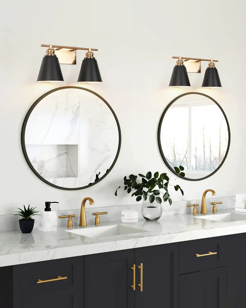 Black And Gold 3 Light Vanity Light For Bathroom Over Mirror 23 Inch Sleek Modern Farmhouse Wall Sconce With Metal Shade in bathroom
