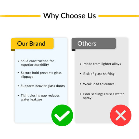 Comparison chart of 'Our Brand' vs 'Others' features for Oil Rubbed Bronze Glass Door Pivot Hinge.