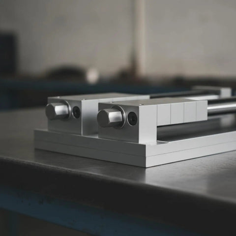 Built Tough Multi Station Machining Vise With Killer Workholding Clamps And Precision Stepped Copper Alloy Plates 300X220X16mm Two Rows close-up view of aluminum components.