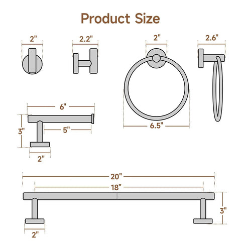 Dimensions diagram for Brushed Nickel 4 Piece Bathroom Accessories Set Wall Mounted SUS304 Stainless Steel Towel Bar, Holder, Ring, Hook.