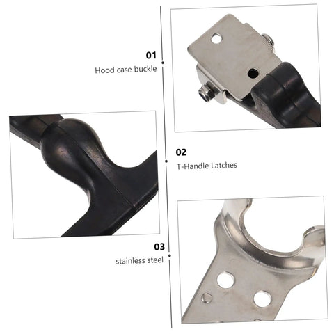 Close-up of T Shape Rubber Lock Draw Latch Hasp For Engine Covers And Cabinets Flexible Hood Catch showing stainless steel components