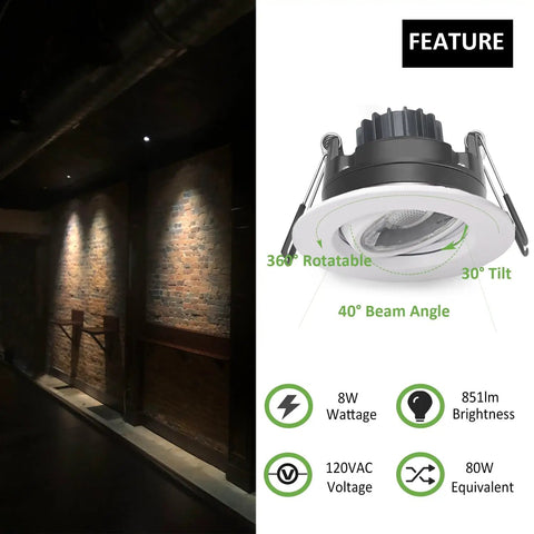 Canless Recessed Gimbal Downlight 3 Inch Eyeball Spotlight with 5 CCTs showing 360 Degree Rotatable and 30 Degree Tilt features