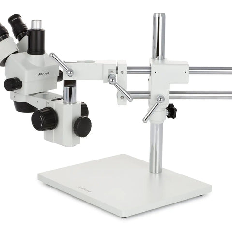 3.5X To 90X Zoom Stereo Microscope On Boom Stand With 144 LED Lighting And 5MP USB Digital Camera, white metal base