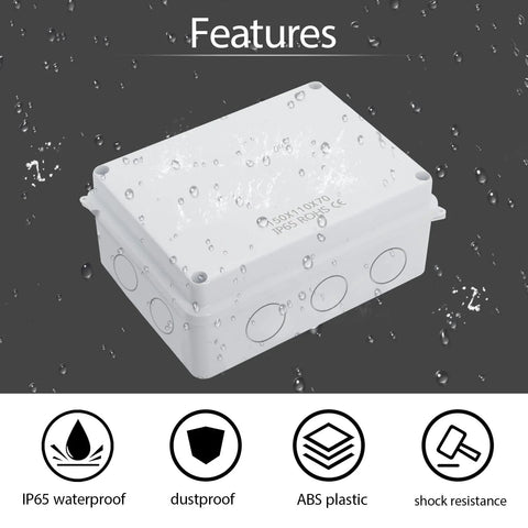Rugged outdoor weatherproof IP65 junction box with ABS plastic, ideal for electronics enclosures, dustproof and shock resistant design