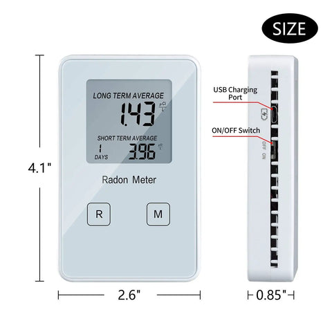Portable Radon Detector And Home Radon Monitor Long And Short Term Radon Test Kit Rechargeable Battery Powered Meter For Quick Readings Safe Living Easy Setup Real Time Monitoring showing size and side view