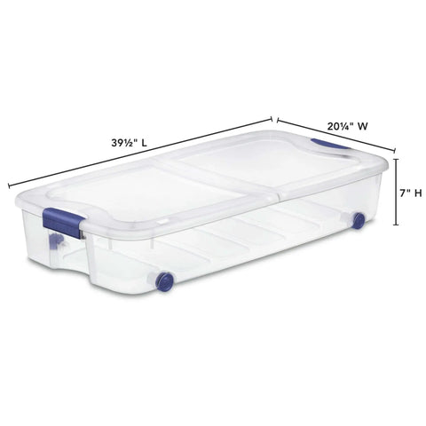 Two Pack 66 Quart Clear Underbed Storage Bins With Low Friction Wheels And Snap Tight Blue Latches stacked side view with measurements.
